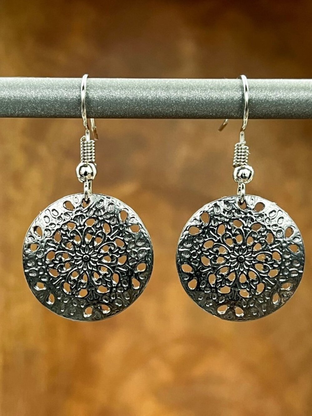 Gunmetal Flower Cutout Drop Earrings